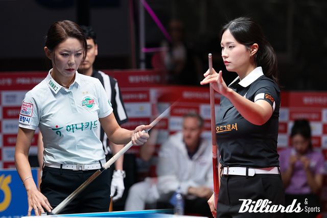 하나카드의 김가영과 하림의 박정현은 2세트 여자복식에서 맞붙는다. 사진=포항/이용휘 기자, PBA 제공