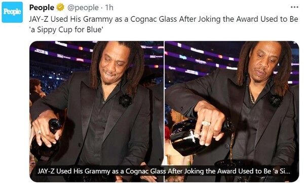 미국 음반업계의 거물이자 래퍼인 제이지가 그래미 시상식에서 주최 기관인 레코딩 아카데미를 공개적으로 비판한 후, 자신이 받은 그래미 트로피로 술을 마시는 모습이 포착되어 큰 화제가 됐다 (사진=연합뉴스)