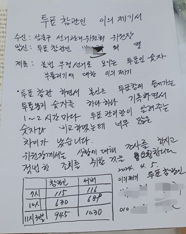 제22대 국회의원 선거 사전투표 첫날인 5일 실제 투표 참여자보다 단말기상 집계가 더 많은 부풀리기 의혹 사례가 속출한 가운데 서울 성북구에서도 참관인 계수와 단말기 계수가 차이가 나 참관인이 이의제기를 제가하는 사례가 빚어졌다.