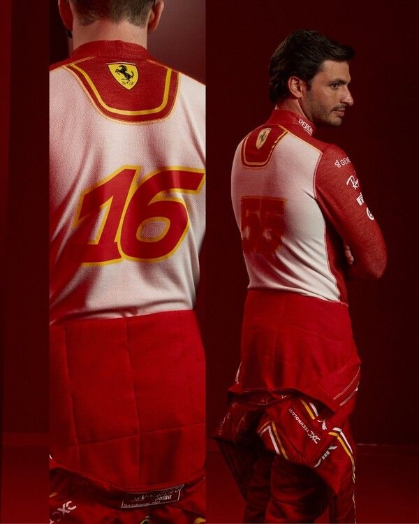 페라리 F1이 빨강·노랑·하양 3색의 2024 레이싱 슈트를 공개했다. 사진=페라리 F1