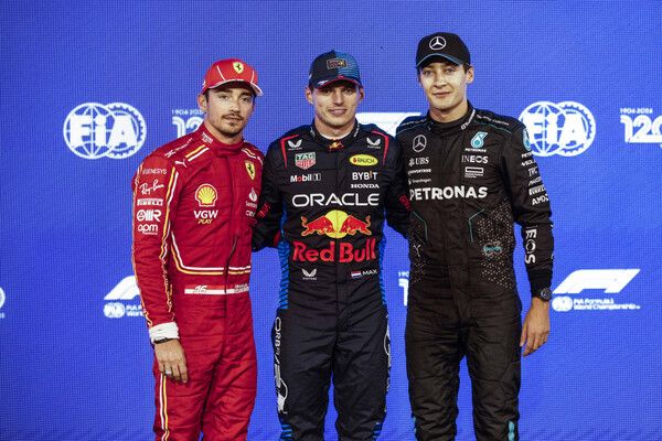 막스 페르스타펜이 2024 F1 개막전 바레인 GP 예선에서 폴포지션을 차지했고, 샤를 르클레르(왼쪽)와 조지 러셀이 각각 2, 3위를 했다. 사진=FIA