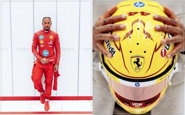 이탈리안 레드 슈트를 착용한 루이스 해밀턴과 새 디자인한 헬멧. 사진=페라리