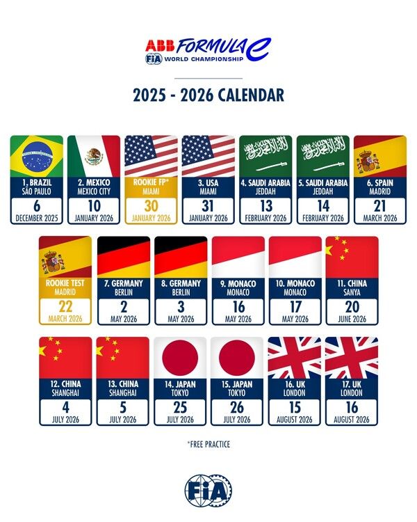 ABB FIA 포뮬러 E 월드 챔피언십 2025/26 시즌(시즌 12) 캘린더. 제공=FIA