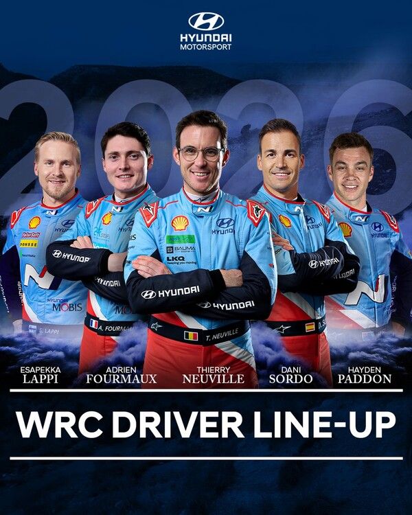 2026 현대 월드 랠리팀 드라이버 라인업. 왼쪽부터 에사페카 라피, 아드리안 포모어, 티에리 뉴빌, 다니 소르도, 헤이든 패든. 사진=현대 모터스포트