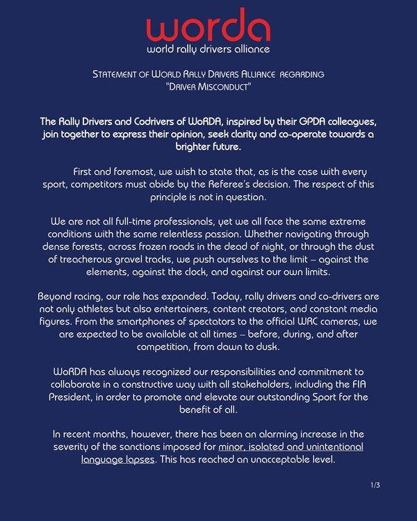 FIA의 윤리 규정 위반 제재에 대한 WORDA의 공식 성명(일부). 사진= WORDA
