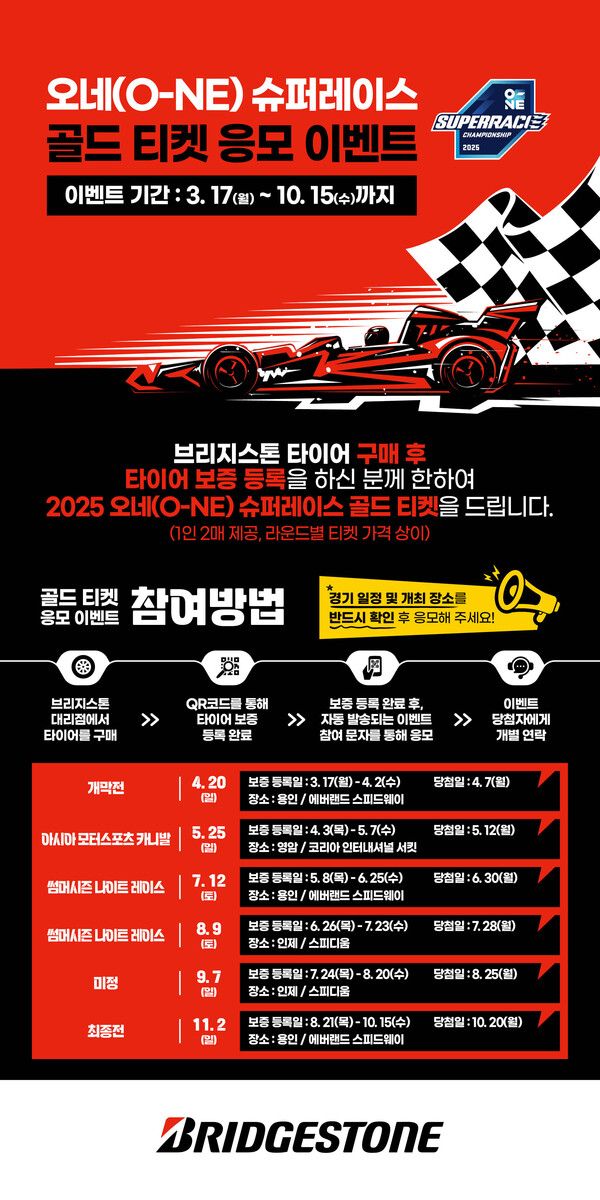 브리지스톤 타이어 세일즈 코리아가 ‘2025 오네(O-NE) 슈퍼레이스 골드 티켓 응모 이벤트’를 진행한다. 사진=브리지스톤