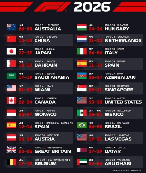 F1 2026 잠정 일정표. 사진=F1