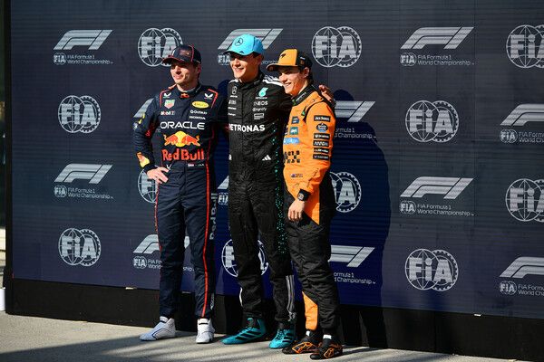 2025 F1 제9전 캐나다 GP에서 조지 러셀(가운데)이 폴 포지션을 차지했고, 막스 페르스타펜과 오스카 피아스트리가 각각 2, 3위를 했다. 사진=메르세데스