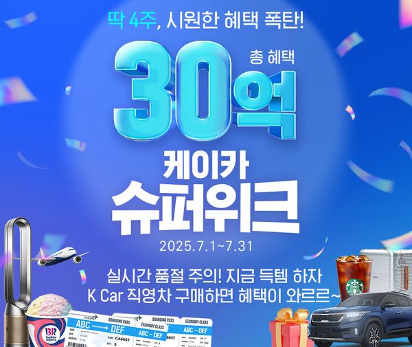케이카가 여름 성수기를 맞아 총 30억원 규모의 파격적 혜택을 제공하는 ‘K Car 슈퍼위크’를 31일까지 한 달간 진행한다.