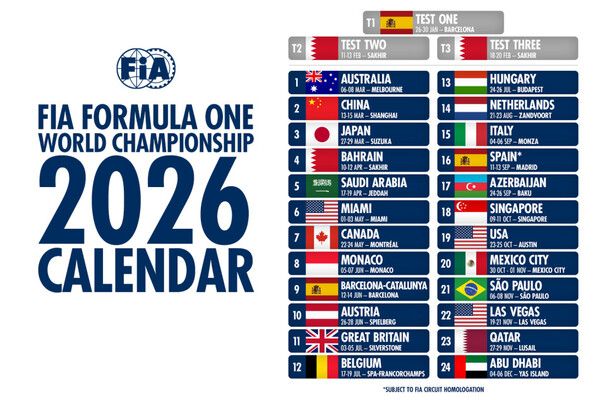 2026 시즌 F1 캘린더. 제공=FIA
