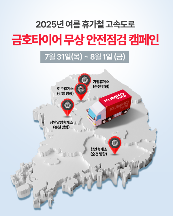 금호타이어가7월 31일(목)부터 이틀간 4개 주요 고속도로 휴게소에서 타이어 무상 안전점검 캠페인을 실시한다.