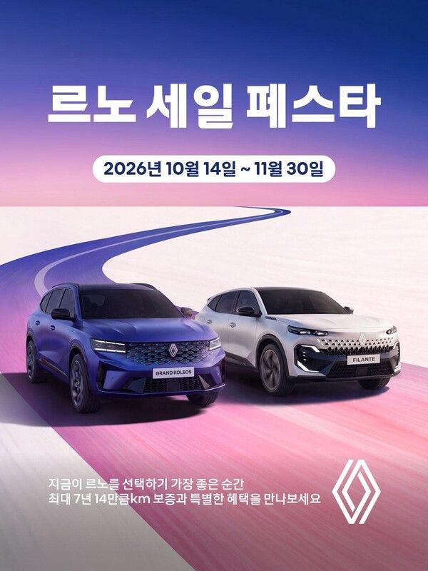 르노코리아가 10월 14일부터 11월 30일까지 ‘르노 세일 페스타’를 진행하고 주요 모델에 최대 400만원의 구매 지원을 제공한다.