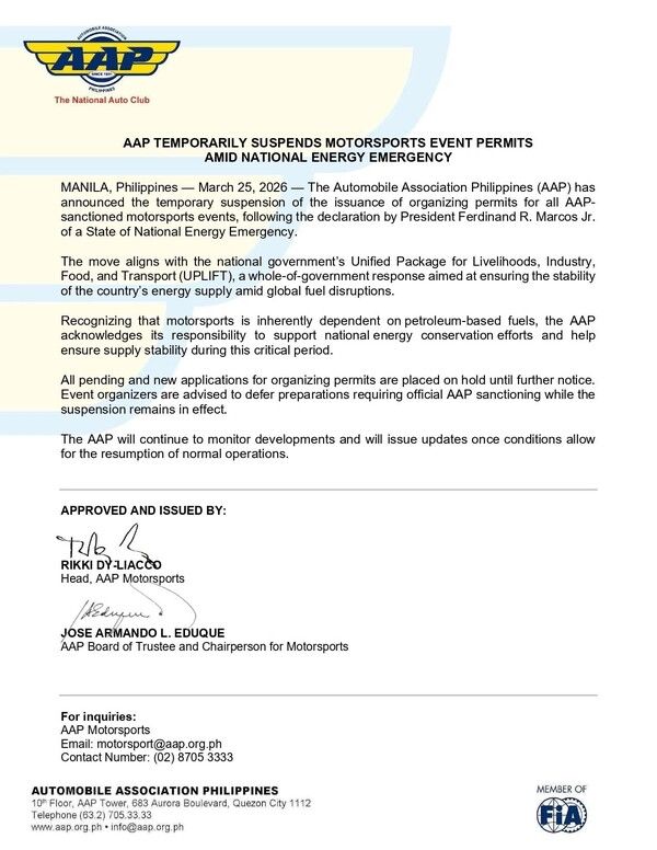 공인 모터스포츠 경기 중단을 알리는 AAP의 입장문. 사진=AAP