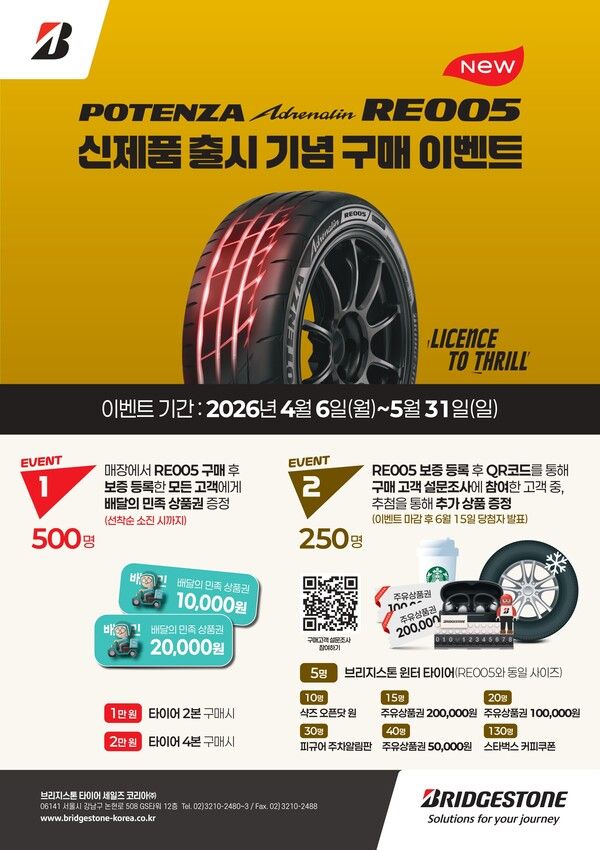 브리지스톤코리아가 ‘포텐자 아드레날린 RE005’ 출시를 기념해 구매자 대상 이벤트를 진행한다.