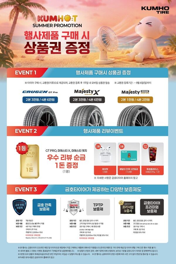 금호타이어가 여름 휴가철을 맞아 프리미엄 타이어 구매자를 대상으로 사은 이벤트를 진행한다.