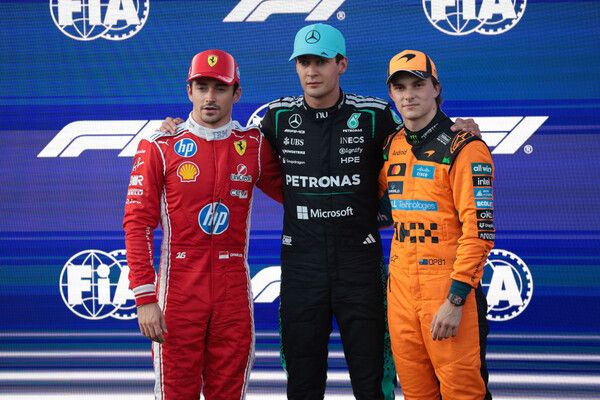 2026 F1 제15전 아제르바이잔 그랑프리에서 조지 러셀(가운데)이 폴포지션을 차지했고, 샤를 르클레르(왼쪽)와 오스카 피아스트리가 각각 2, 3위를 했다. 사진=FIA