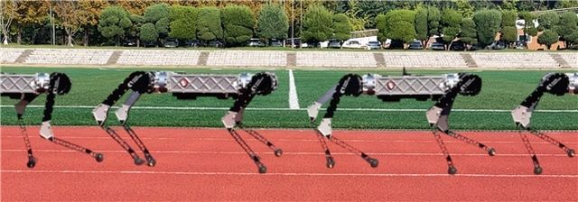 가장 효율적인 보행속도인 3m/s로 보행 중인 라이보2의 보행 중 다리 자세 변화 과정. 발의 지면 접촉 속도를 줄여 충돌 에너지를 줄였으며 접촉 도중 몸의 자세 이동 시 미끄러짐을 최소화하며 운동에너지를 직선 구간으로 유지하며 이동할 수 있음. (사진=카이스트)