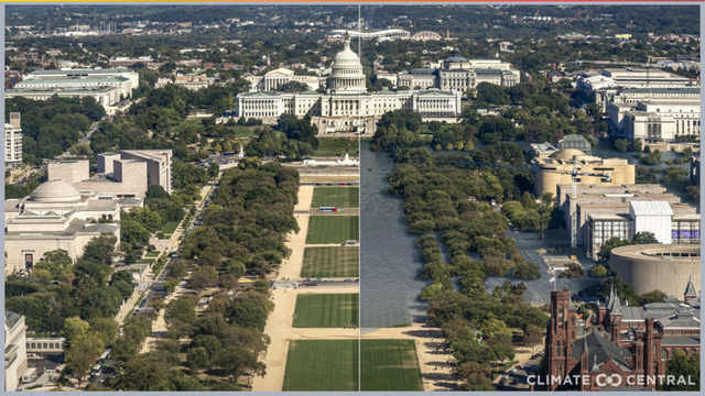 미국 워싱턴DC 내셔널 몰.현재(왼쪽) 모습과 지구 온도가 산업화 대비 3도(오른쪽) 올랐을 때 모습. (사진=Climate Central)