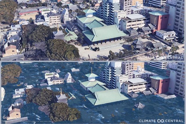 일본 후쿠오카에 위치한 도초지 사원(위) 모습과 지구 온도가 산업화 대비 3도(아래) 올랐을 때 모습. (사진=Climate Central)