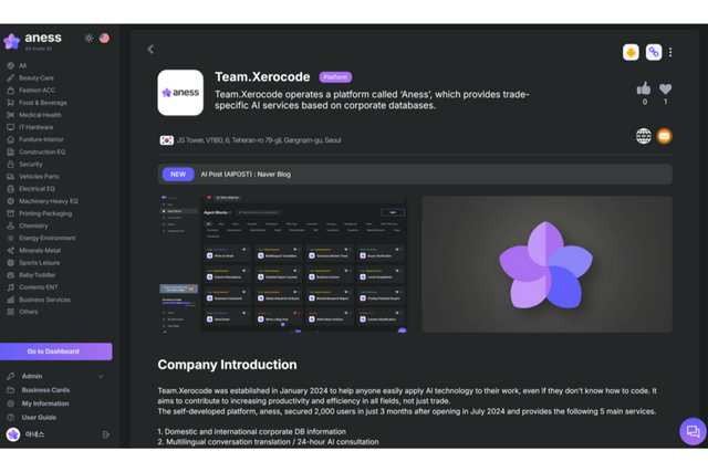 ‘아네스’ 플랫폼의 기업 DB 조회 화면. (사진=팀제로코드)