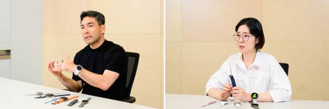 직접 착용했을 때 그 진가를 제대로 느낄 수 있는 만큼 새로운 워치 시리즈를 많은 분들이 경험해 보길 바란다는 유용준 프로와 박은경 프로. (사진=삼성전자)