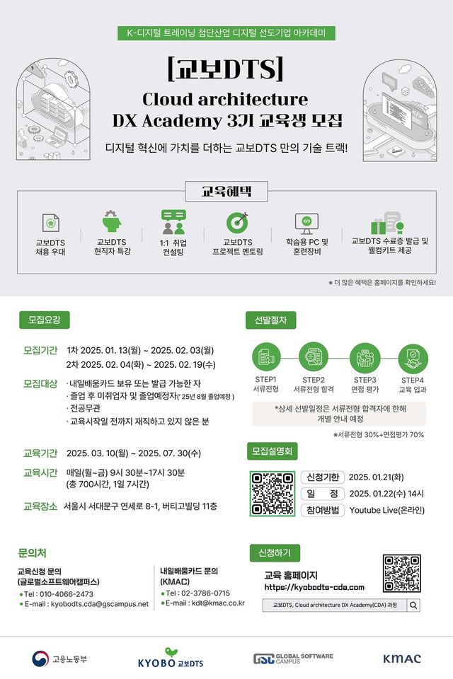 교보DTS Cloud architecture DX Academy(CDA) 3기 모집 포스터. (사진=글로벌소프트웨어캠퍼스)