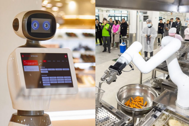 광주 금남로 지하도상가와 대형 쇼핑몰에 도입된 써니팩토리의 무인 로봇과 송원고등학교에 도입된 조리로봇. (사진=광주광역시, 광주시교육청)