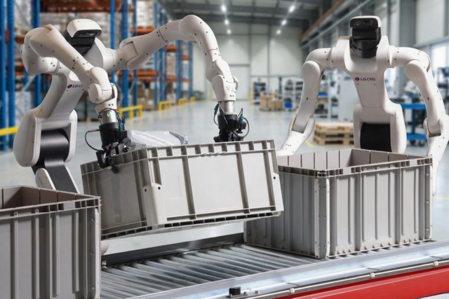 LG CNS가 덱스메이트 휴머노이드 로봇을 산업현장에 투입하기 위해 트레이닝 시키는 모습. (사진=LG CNS)