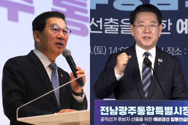 신정훈 의원과 김영록 예비후보. (사진=신정훈 SNS, 김영록 예비후보 캠프)