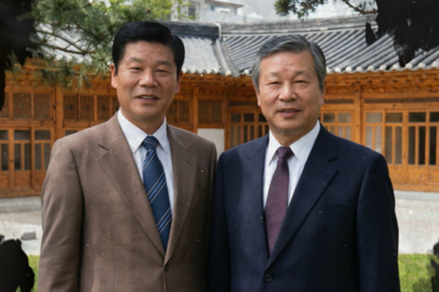 SK그룹 창립 73주년을 맞아 제작된 영상에서 인공지능(AI)으로 재현된 최종건 창업회장(왼쪽)과 최종현 선대회장. (사진=SK그룹)