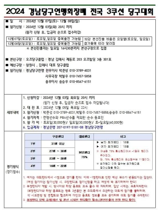 2024 경남당구연맹회장배 전국3쿠션당구대회
