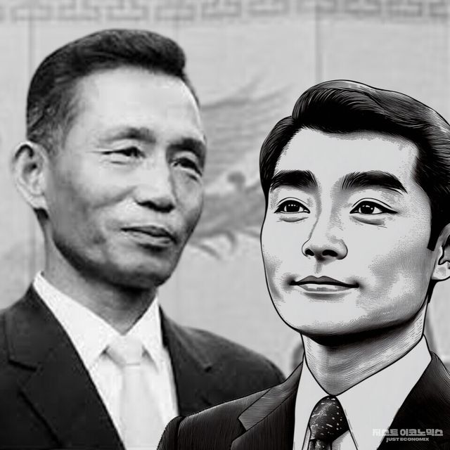 그림 왼쪽이 박정희 대통령, 오른쪽이 김재관 박사, 삽화=윌리엄