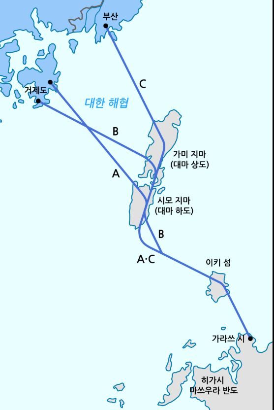 한일 해저 터널의 구상 경로. 총연장은 A, B, C 각각 209 km, 217 km, 231 km이며, 해저 부분을 통과하는 길이는 각각 145 km, 141 km, 128 km이다. 출처=위키백과 캡처