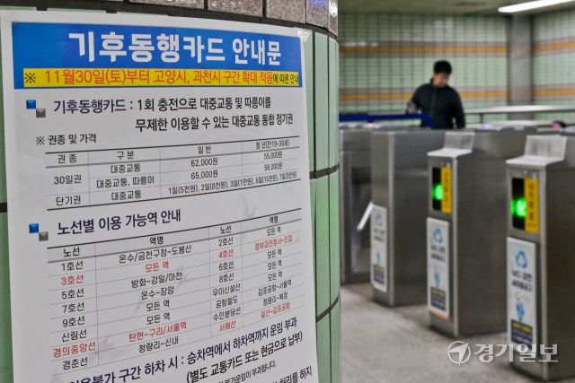 고양특례시와 과천시 구간 지하철에서 기후동행카드의 사용이 시작된 30일 오전 과천역 개찰구에 관련 안내문이 붙어있다. 이날부터 3호선·경의중앙선·서해선 등 고양시 지하철 3개 노선 26개 역사와 4호선 과천시 지하철 1개 노선 5개 역사 등에서 기후동행카드가 사용할 수 있게 됐다. 윤원규기자