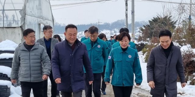 송미령 농림축산식품부 장관이 1일 여주 폭설피해 현장을 점검하고 있다. 유진동기자