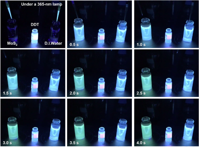 자외선 조명 아래 하이브리드 샘플(좌: 녹색 인광)과 기본 샘플(우: 청색 형광)의 발광 사진. 인하대 제공