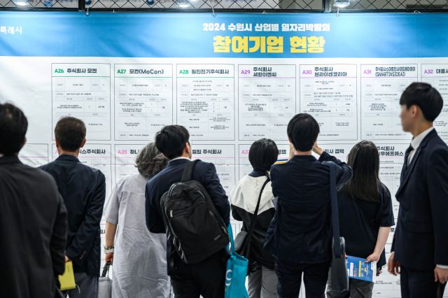 지난 5월 ‘2024 수원시 산업별 일자리박람회’에 참가한 구직자들이 게시판을 확인하고 있다. 수원시 제공