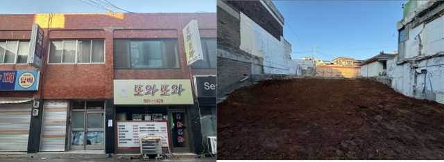 인천도시공사(iH)는 인천 미추홀구 제물포담소 부지에 있던 종전 건물(왼쪽)을 해체한 이후 빈 공터(오른쪽)의 모습. iH 제공