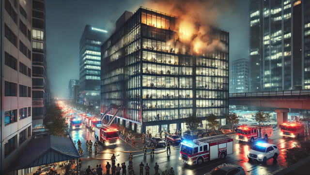 이 이미지는 쳇GPT가 안양 15층 오피스텔 화재 상황을 묘사한 일러스트.