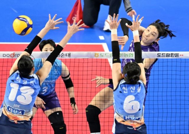 13일 오후 화성종합체육관에서 열린 ‘도드람 2024-2025 V리그’ 여자부 3라운드 IBK기업은행전에서 흥국생명의 김연경이 공격을 시도하고 있다.한국배구연맹 제공