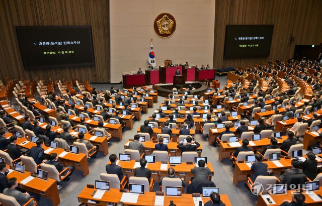 우원식 국회의장이 14일 국회 본회의장에서 윤석열 대통령 탄핵소추안 가결을 선포하고 있다.
