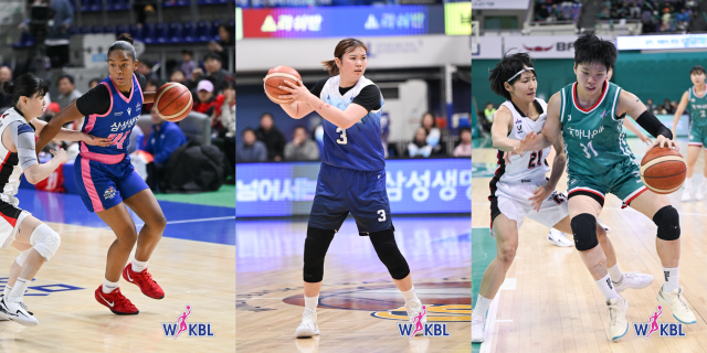‘하나은행 2024-2025 여자프로농구’에서 각 팀의 득점 선두인 (왼쪽부터) 키아나 스미스(용인 삼성생명), 타니무라 리카(인천 신한은행), 진안(부천 하나은행).WKBL제공