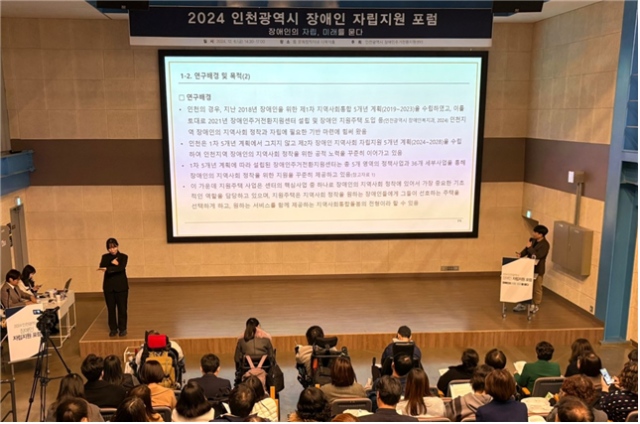 최근 인천시장애인주거전환지원센터에서 열린 ‘2024 인천시 장애인 자립지원 포럼’에서 이웅 인천사서원 연구위원이 발표하고 있다. 인천사서원 제공