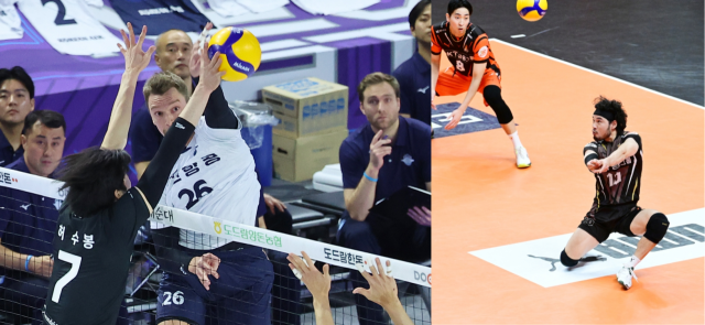 프로배구 인천 대한항공의 외국인 선수 막심(왼쪽)과 안산 OK저축은행의 수비 핵심인 리베로 부용찬. 연합뉴스·KOVO 제공