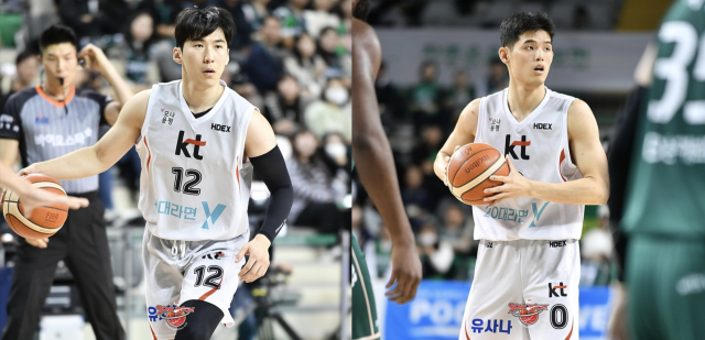 프로농구 수원 KT 소닉붐의 포워드 문정현(왼쪽)과 센터 하윤기. KT 소닉붐 제공