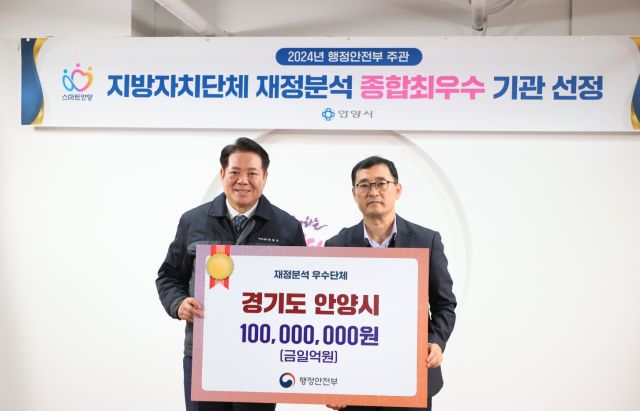 안양시 지방자치단체 재정분석 종합최우수 기관 선정 전수식.(왼쪽부터 최대호 안양시장과 신영수 예산법무과장) 안양시 제