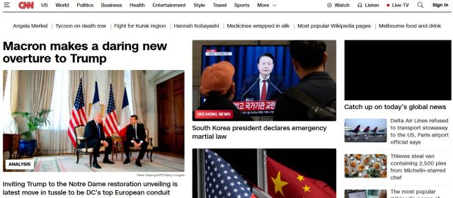 4일 오전 12시께 CNN방송 홈페이지 메인에 걸린 윤석열 대통령의 비상계엄 소식. CNN 캡처