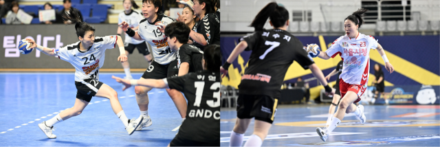 핸드볼 H리그 여자부 광명 SK 슈가글라이더즈의 강경민(왼쪽)과 서울시청의 우빛나가 개막전부터 충돌한다. 한국핸드볼연맹 제공