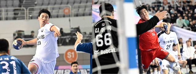 ‘핸드볼 H리그’서 하남시청의 공격을 이끌고 있는 박광순(왼쪽)과 서현호.한국핸드볼연맹 제공