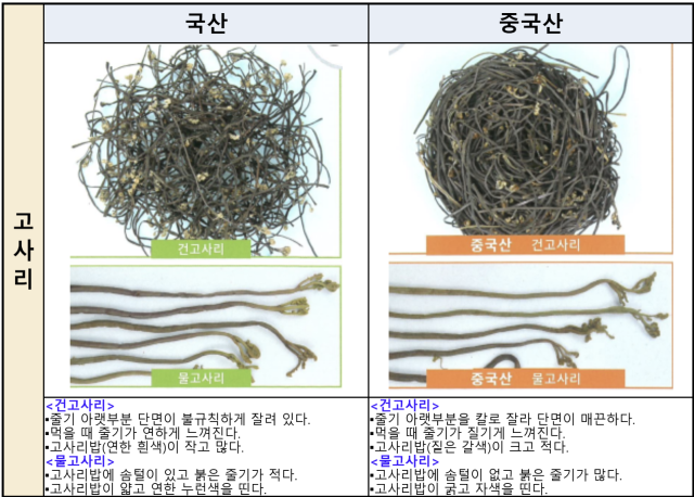 주요 농식품 원산지 식별 방법, 고사리에 대한 설명. 국립농산물품질관리원 경기지원 제공